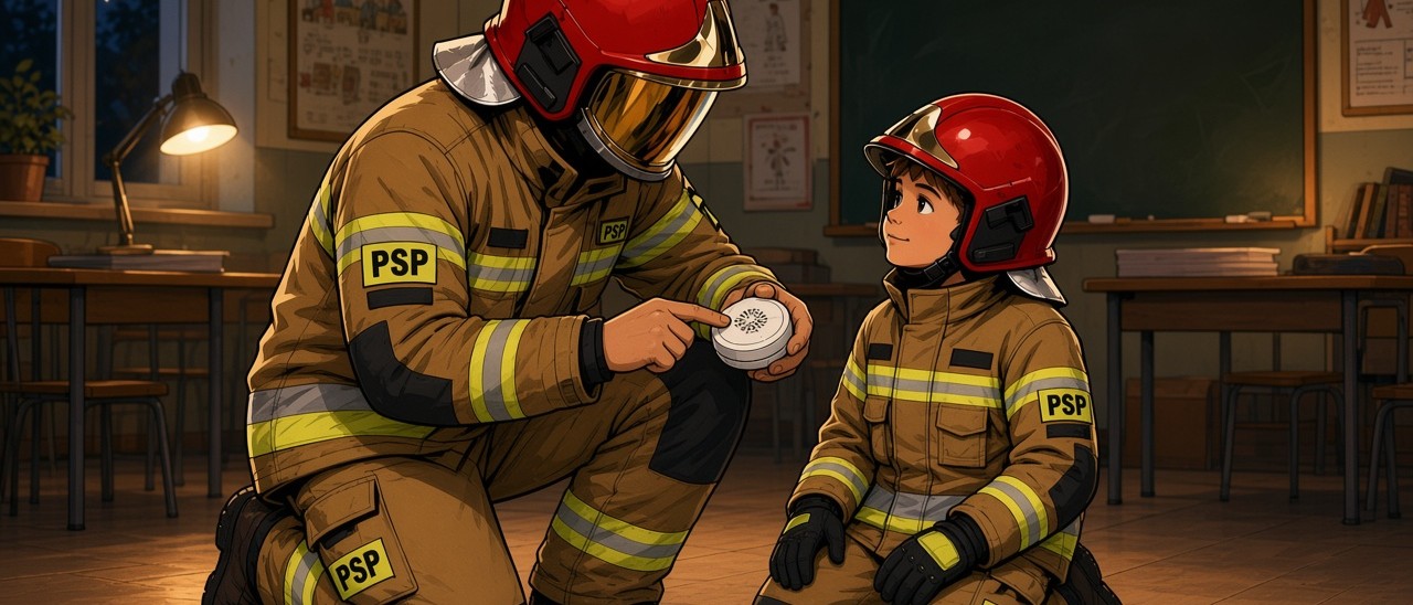 A PSP firefighter explains to a child how a smoke alarm works.